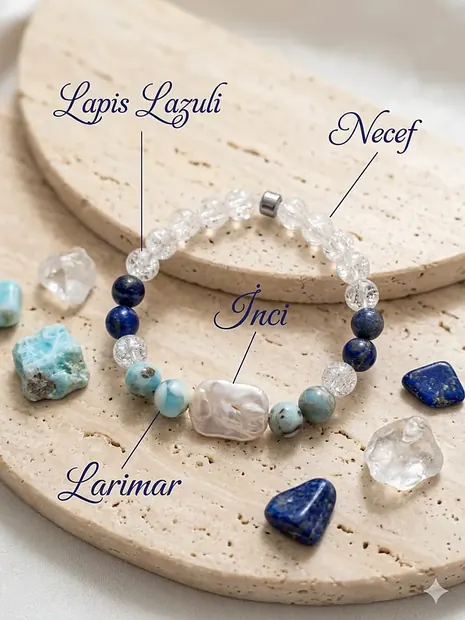 Lapis lazuli, necef, inci ve larimar bileklik